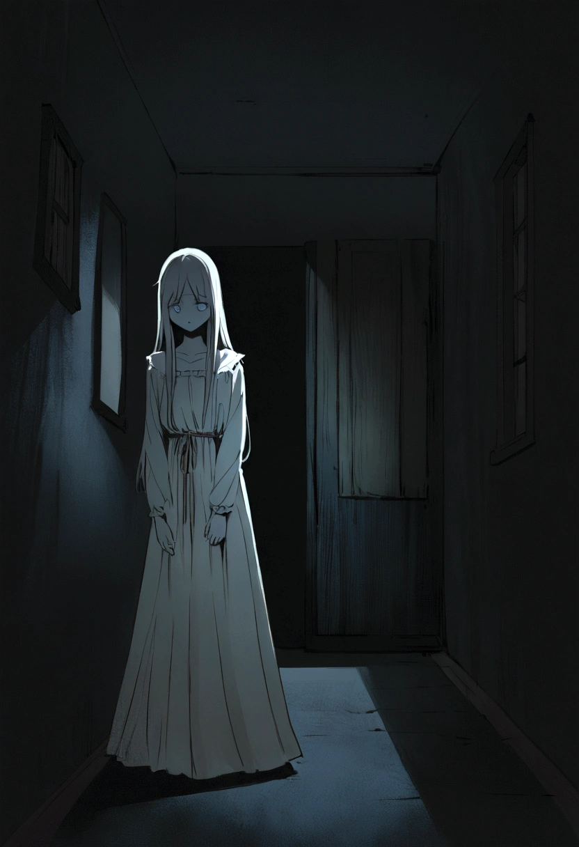 A young woman in a tattered white dress, His long hair obscuring part of his melancholic face. His eyes seem dark, and a mysterious smile crosses his pale face from time to time.. She stands in the corner of a dark room.., as if waiting with deep sadness. Still, The most chilling thing is the long shadow it casts on the wall..., Looking larger and more ominous than his own figure. It's like it's a window to your wounded and isolated soul.., hint at a story possibly even scarier than it seems