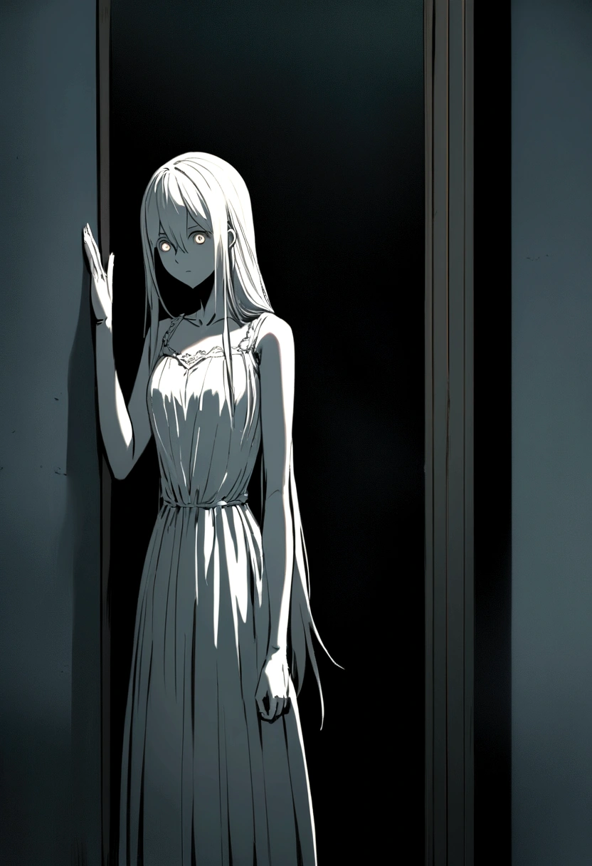 A young woman in a tattered white dress, His long hair obscuring part of his melancholic face. His eyes seem dark, and a mysterious smile crosses his pale face from time to time.. She stands in the corner of a dark room.., as if waiting with deep sadness. Still, The most chilling thing is the long shadow it casts on the wall..., Looking larger and more ominous than his own figure. It&#39;s like it&#39;s a window to your wounded and isolated soul.., hint at a story possibly even scarier than it seems