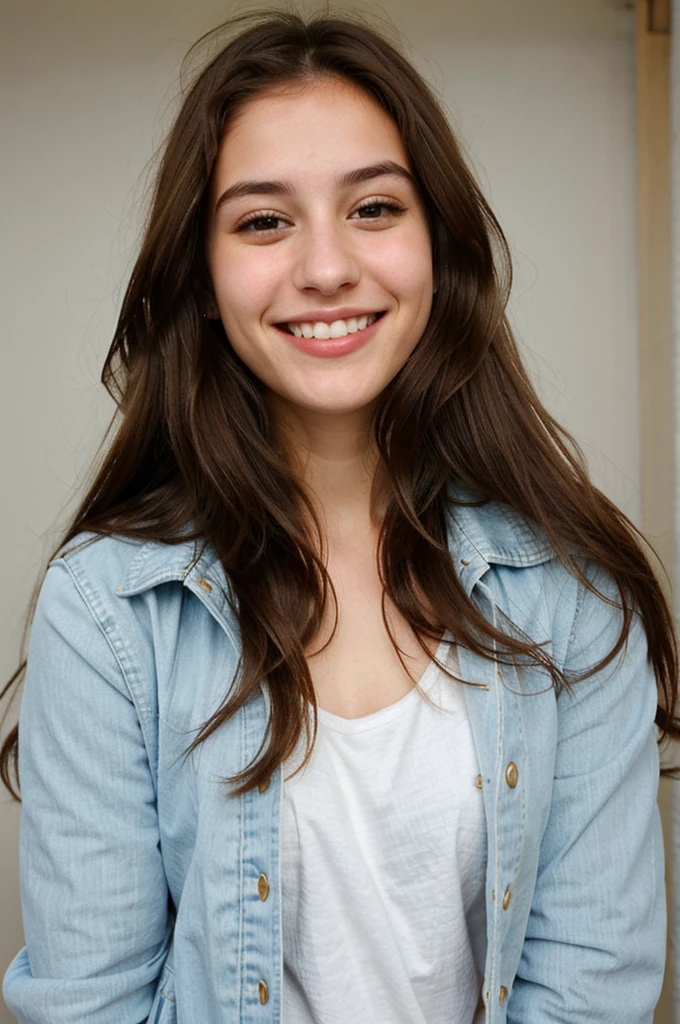 one cute women, 20YO, white, Arab, cute face, realistic brown eyes, blue jacket, brown hair, cute smile, skinny face, white realistic teethes, big eyes, very long hair