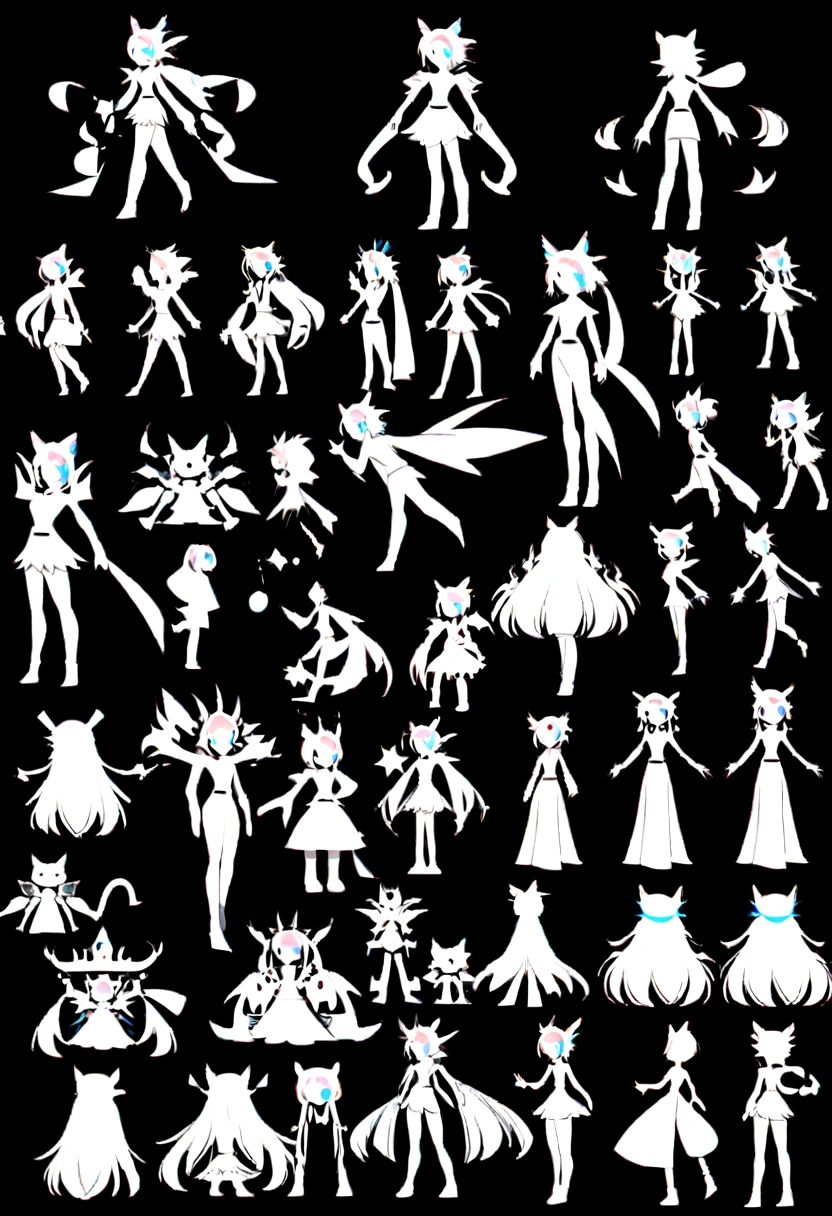 character design, several poses of the same character:whole body, forehead, Back, side,cat 4 years girl years,planar,2d,With black background,Minimalist style,vectorial,delicate,hyper high definition, cartoon