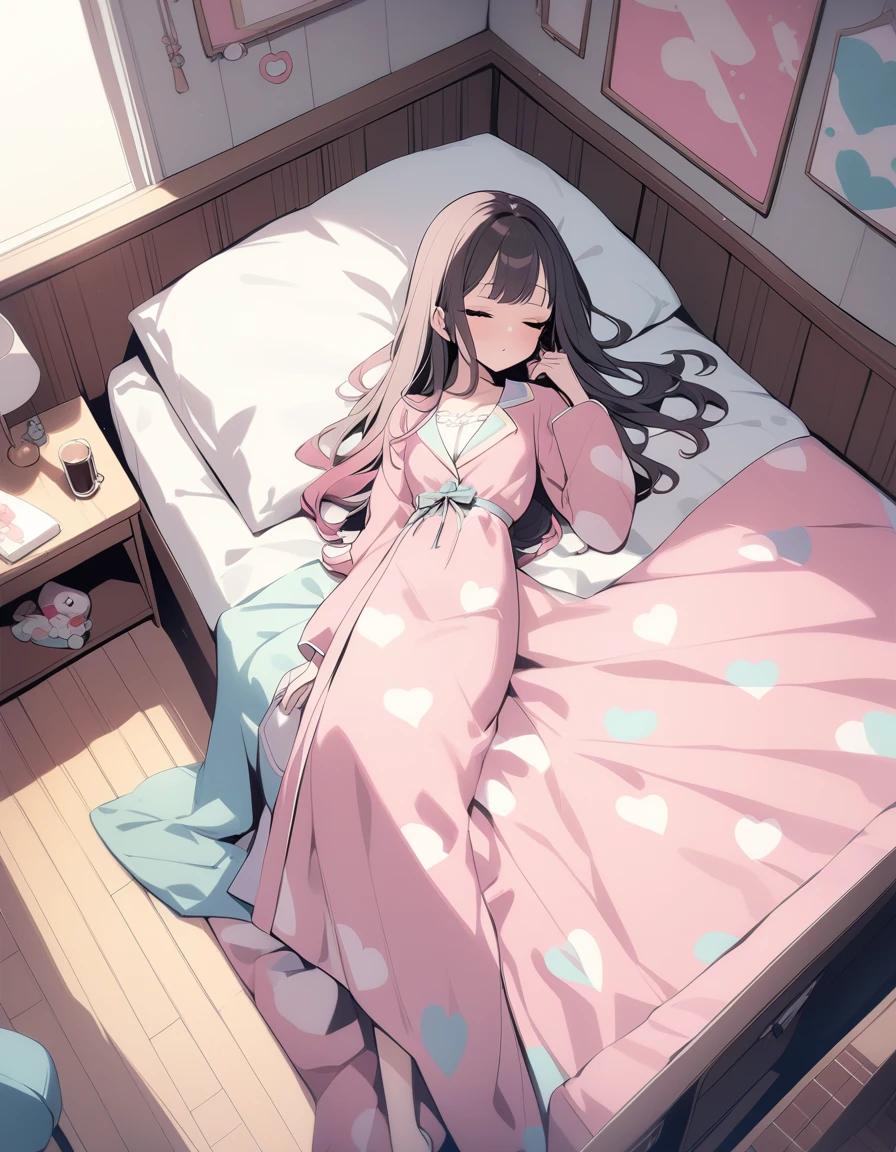 One girl,Sleeping in a bed in a room、Stylish、In love, Multicolored Hair, Long Hair, Retro costumes, pajamas,, Hyper Pop, , Retro feel, overview, masterpiece, Highest quality,
