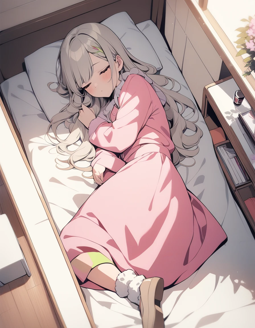 One girl,Sleeping in a bed in a room、Stylish、In love, Multicolored Hair, Long Hair, Retro costumes, pajamas,, Hyper Pop, , Retro feel, overview, masterpiece, Highest quality,