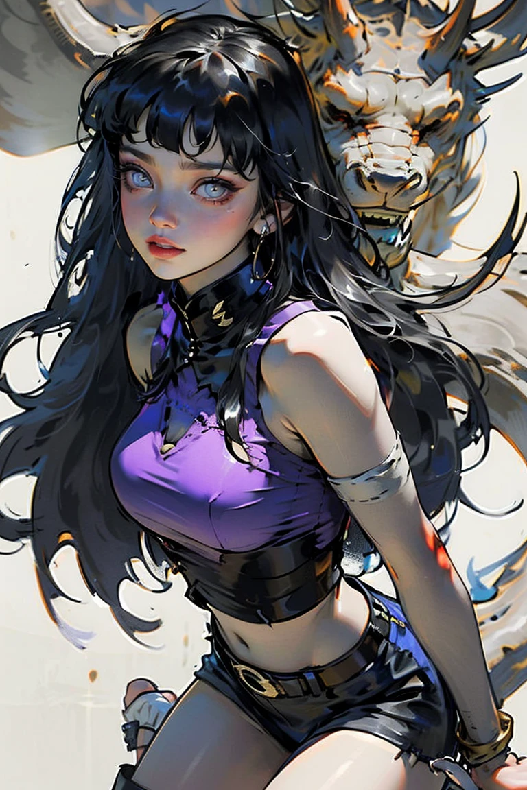 1girl, close up of face, adult, Hinata Hyuga, the last, shy girl, long black hair, blunt bangs, dark hair, Voluminous hair, lavender eyes, no pupils, Lavender Sleeveless Blouse, long black boots, navy blue shorts, Black translucent stockings, holster, bandage on thigh, open sandals, big breasts, wide hips, shapely legs, slim waist, masterpiece, best quality, Professional, realistic.