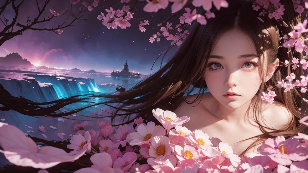 32k, Masterpiece, Highest quality, One girl, Detailed eyes, flower,Sandersonia, Pink and brown style,A dreamy, romantic piece,Pale pink, Mysterious Leaves,A playful arrangement,Fantasy,High Contrast,Ink strokes,explosion,Exposure, Impression of pink and brown tones,Abstract,((Watercolours by John Berkey and Jeremy Mann )) Brush strokes,Negative Space, Tyndall effect,