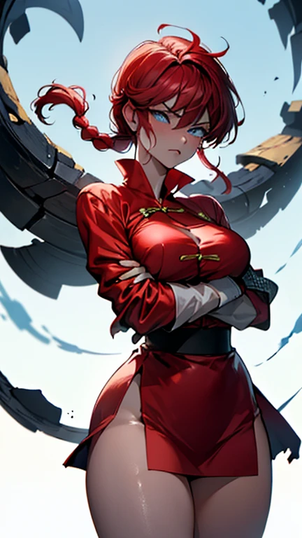 femaleranma, braided ponytail, gorgeous girl standing solo, fight position, (((covering breasts with hands, crossed arms))), hands on own chest, serious face, baring teeth in anger, ((blank_eyes)), lipstick, large blue-eyes, short red hair, blushing, perfect big , ((old chinese red shirt)), ((super torn shirt open exhibing colossal cleavage)), perfect body, shining skin, ((steam around scene)), perfect legs, thick thighs, masterpiece, best quality, highres, very detailed image, ((plain_backgorund:1.3))