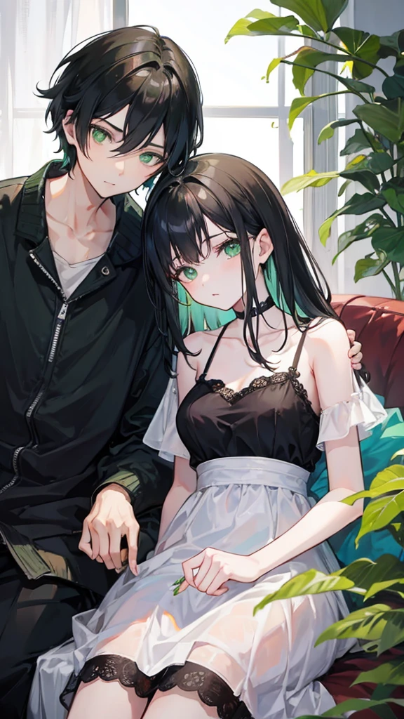 Boy and girl with black hair and green eyes