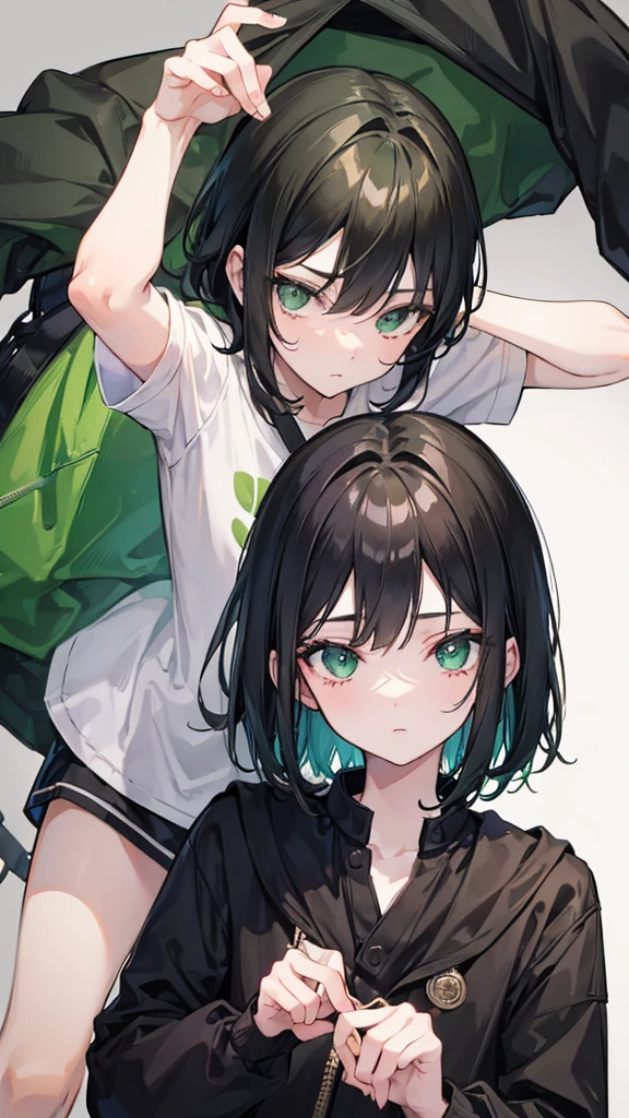 Boy and girl with black hair and green eyes