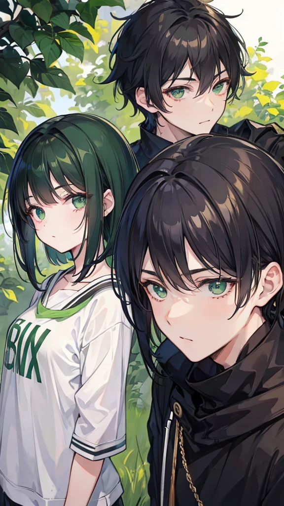 Boy and girl with black hair and green eyes