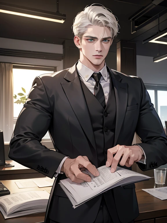 (best quality, masterpiece, 8K, photorealistic, cinematic lighting, hdr image, ultra detailed, beautiful image), 1 man, 31 years old, mature man, very handsome, (without expression, serious), short white hair, green eyes ( penetrating gaze), imposing posture, businessman, office background