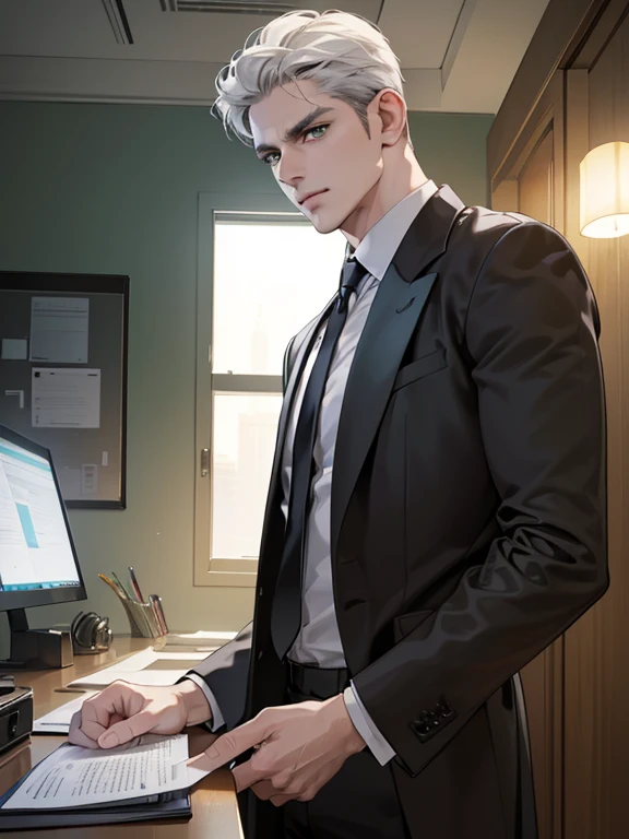 (best quality, masterpiece, 8K, photorealistic, cinematic lighting, hdr image, ultra detailed, beautiful image), 1 man, 31 years old, mature man, very handsome, (without expression, serious), short white hair, green eyes ( penetrating gaze), imposing posture, businessman, office background