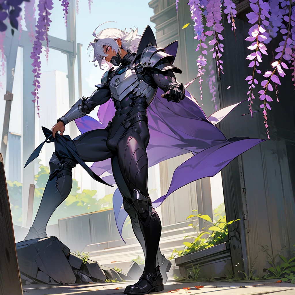 1male,  adult, dark skin, finely detailed plum eyes, wild medium hair, seashell white hair color, full body combat suit, shoulder armor pieces, combat boots, baggy miltarty combat pants, standing on ruined building, day time, tokyo streets, somber expression, muscular, tattoos, wisteria flowers, scars, gasmask