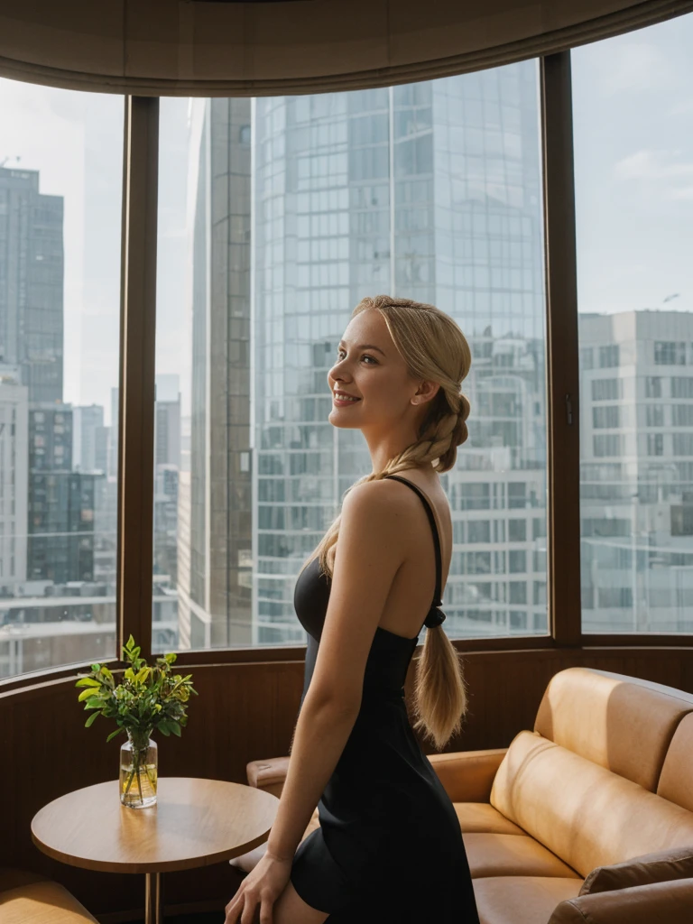 solo, realistic, photorealistic, natural lighting, (large forehead, (((Latvian woman))), (((Latvian nose))), (((Latvian eyes))), (((blonde))), (((braids))), (((Latvian face))), (((Latvian lips))), (((Latvian body))), (((fair complexion))) pose: standing, smiling, wearing Corset-Style Dress , cleavage, , background: Located in the heart of the city, this lounge captures the essence of urban twilight with panoramic windows offering views of city lights and skyscrapers. The decor is modern and minimalist, with sleek furniture and metallic accents. The bar serves innovative cocktails with a focus on local spirits and ingredients.