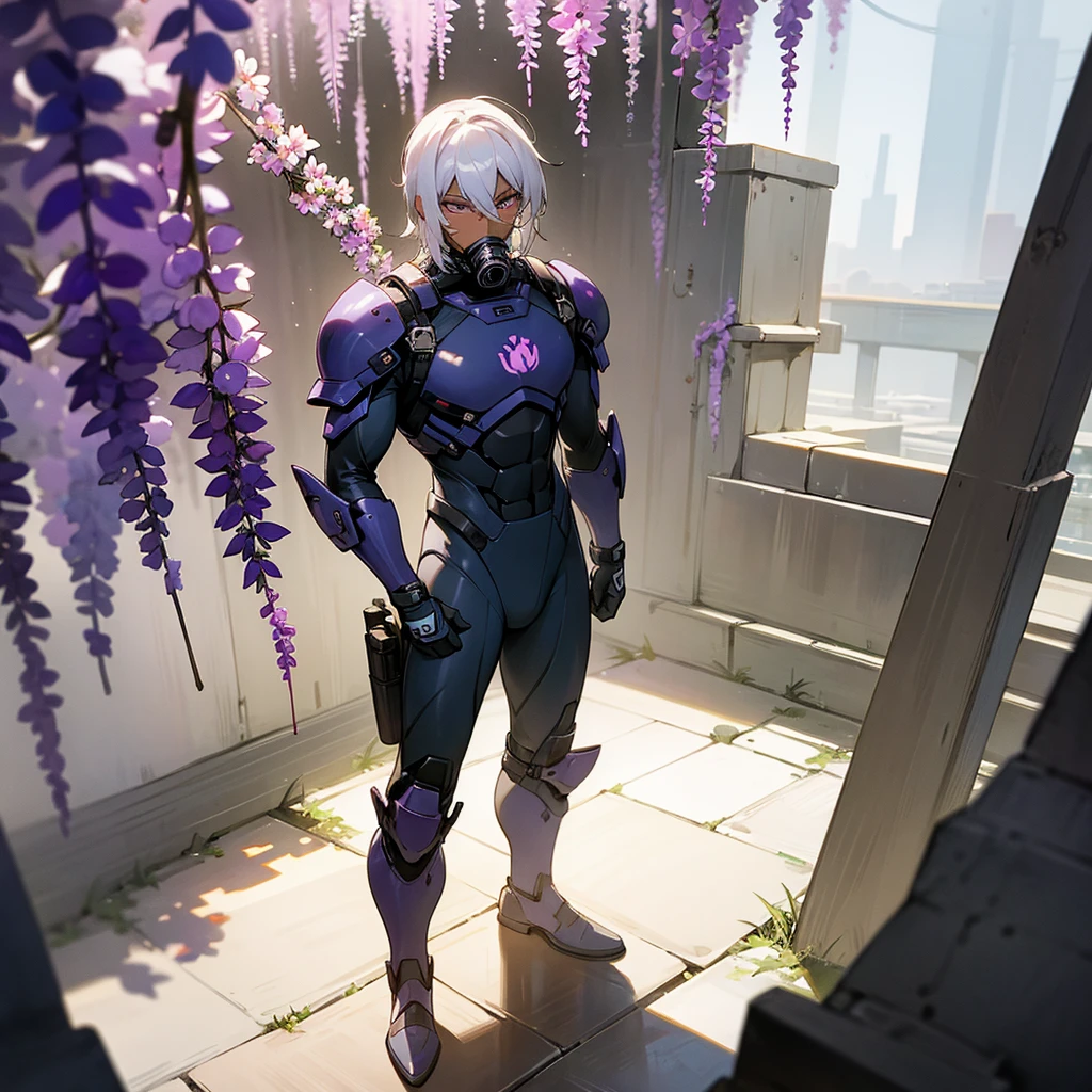 1male, young adult, dark skin, finely detailed plum eyes, wild medium hair, seashell white hair color, full body combat suit, shoulder armor pieces, combat boots, baggy miltarty combat pants, standing on ruined building, day time, tokyo streets, somber expression, muscular, tattoos, wisteria flowers, scars, gasmask