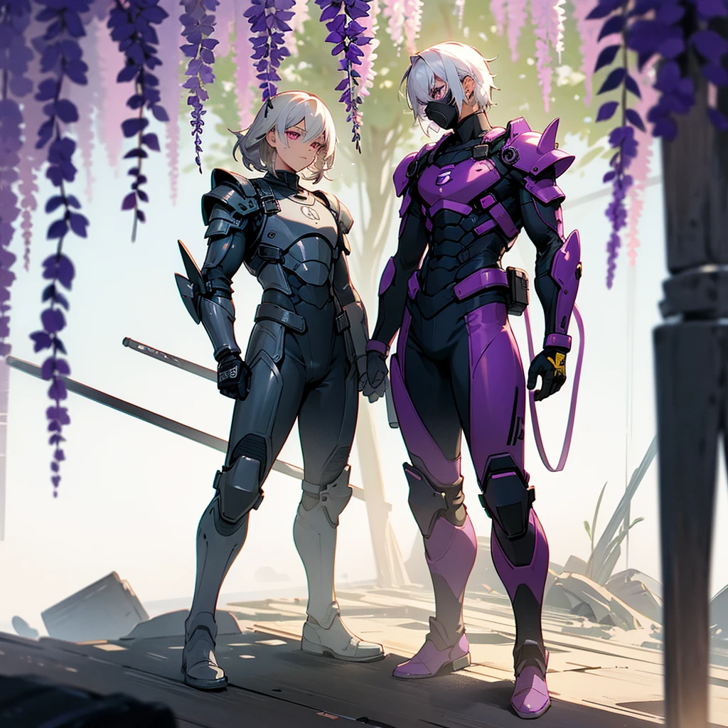 1male, young adult, dark skin, finely detailed plum eyes, wild medium hair, seashell white hair color, full body combat suit, shoulder armor pieces, combat boots, baggy miltarty combat pants, standing on ruined building, day time, tokyo streets, somber expression, muscular, tattoos, wisteria flowers, scars, gasmask
