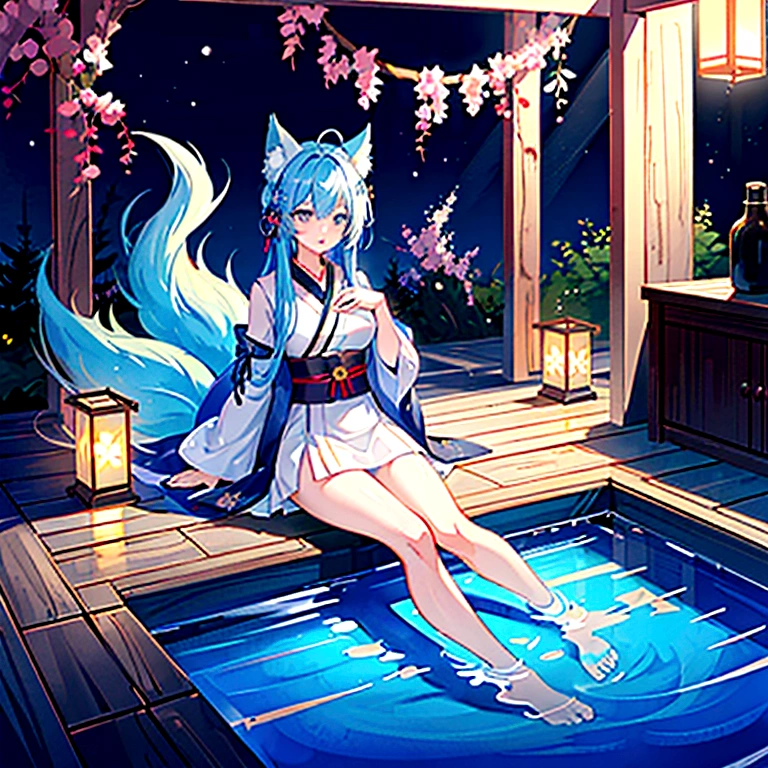fox Light blue hair beast girl indigo fur fox beast girl fox Light blue hair beast girl indigo fur fox beast girl Wallpaper 4k,8k,highly detailled,,vivid colors,detailed kitsune with 9 tails,traditional Japanese artwork,tatami floor,beautiful cherry blossoms,floating lanterns,dark silhouette of a pagoda,subtle moonlight,dense forest,ethereal atmosphere,dappled sunlight,whimsical spirit,serene expression,elaborate kimono and obi,delicate hand-painted details,luminous eyes Anime Style fox blue White-faced golden-haired nine-tailed fox Coat blue mysterious background Blue Flame girl have a ball of light