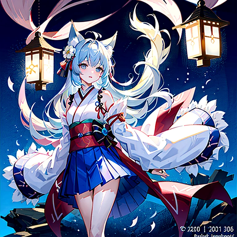 fox Light blue hair beast girl indigo fur fox beast girl fox Light blue hair beast girl indigo fur fox beast girl Wallpaper 4k,8k,highly detailled,,vivid colors,detailed kitsune with 9 tails,traditional Japanese artwork,tatami floor,beautiful cherry blossoms,floating lanterns,dark silhouette of a pagoda,subtle moonlight,dense forest,ethereal atmosphere,dappled sunlight,whimsical spirit,serene expression,elaborate kimono and obi,delicate hand-painted details,luminous eyes Anime Style fox blue White-faced golden-haired nine-tailed fox Coat blue mysterious background Blue Flame girl have a ball of light