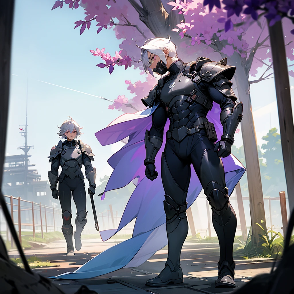 1male, young adult, dark skin, finely detailed plum eyes, wild medium hair, seashell white hair color, full body combat suit, shoulder armor pieces, combat boots, baggy miltarty combat pants, standing on ruined building, day time, tokyo streets, somber expression, muscular, tattoos, wisteria flowers, scars, gasmask