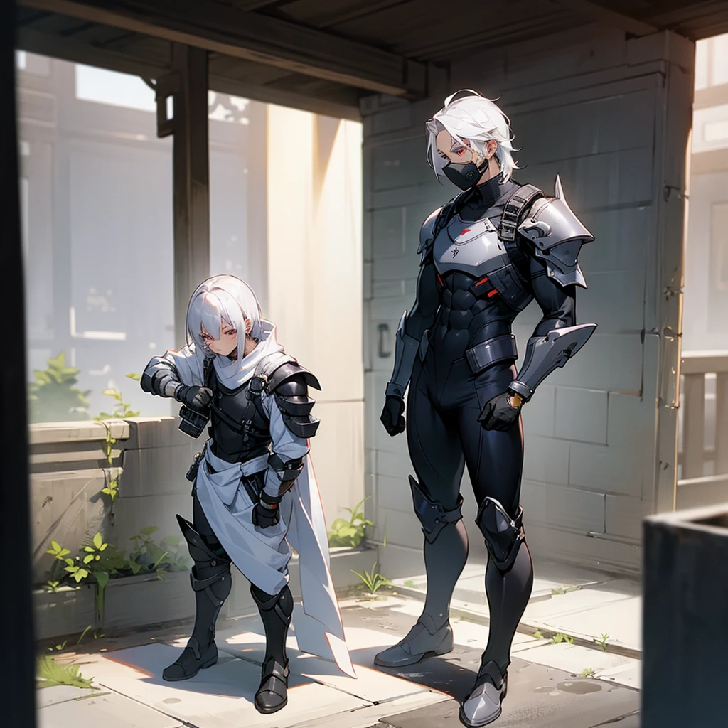 1male, young adult, dark skin, finely detailed plum eyes, wild medium hair, seashell white hair color, full body combat suit, shoulder armor pieces, combat boots, baggy miltarty combat pants, standing on ruined building, day time, tokyo streets, somber expression, muscular, tattoos, wisteria flowers, scars, gasmask