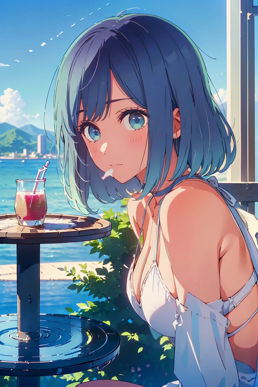 (Highest quality:1.4、8K:1.4、detailed)、F cup bust、Big Breasts、Slim body、Very white beautiful skin、((((1 person、Surprised expression、sit、Chair、In the background are the urban buildings of Tokyo、looking at the camera、Outdoor café terrace、coastal、Navy hair color、juice、White side string high leg bikini、Shooting up close、Shooting from an angle、table、Very cute face))))、(Fingertips to your mouth:1.4)、Very blue sky、A completely cloudless sky