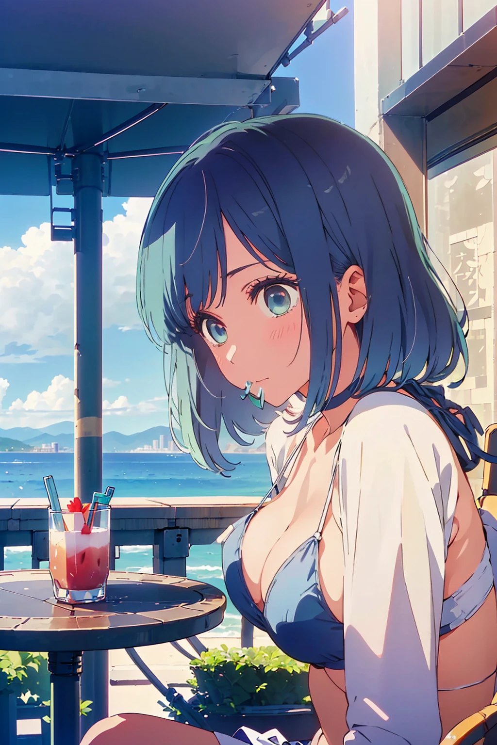 (Highest quality:1.4、8K:1.4、detailed)、F cup bust、Big Breasts、Slim body、Very white beautiful skin、((((1 person、Surprised expression、sit、Chair、In the background are the urban buildings of Tokyo、looking at the camera、Outdoor café terrace、coastal、Navy hair color、juice、White side string high leg bikini、Shooting up close、Shooting from an angle、table、Very cute face))))、(Fingertips to your mouth:1.4)、Very blue sky、A completely cloudless sky
