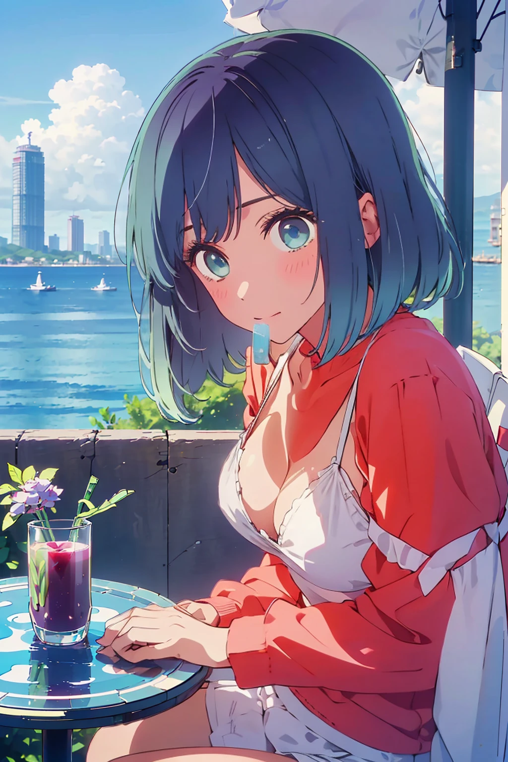 (Highest quality:1.4、8K:1.4、detailed)、F cup bust、Big Breasts、Slim body、Very white beautiful skin、((((1 person、Surprised expression、sit、Chair、In the background are the urban buildings of Tokyo、looking at the camera、Outdoor café terrace、coastal、Navy hair color、juice、White side string high leg bikini、Shooting up close、Shooting from an angle、table、Very cute face))))、(Fingertips to your mouth:1.4)、Very blue sky、A completely cloudless sky