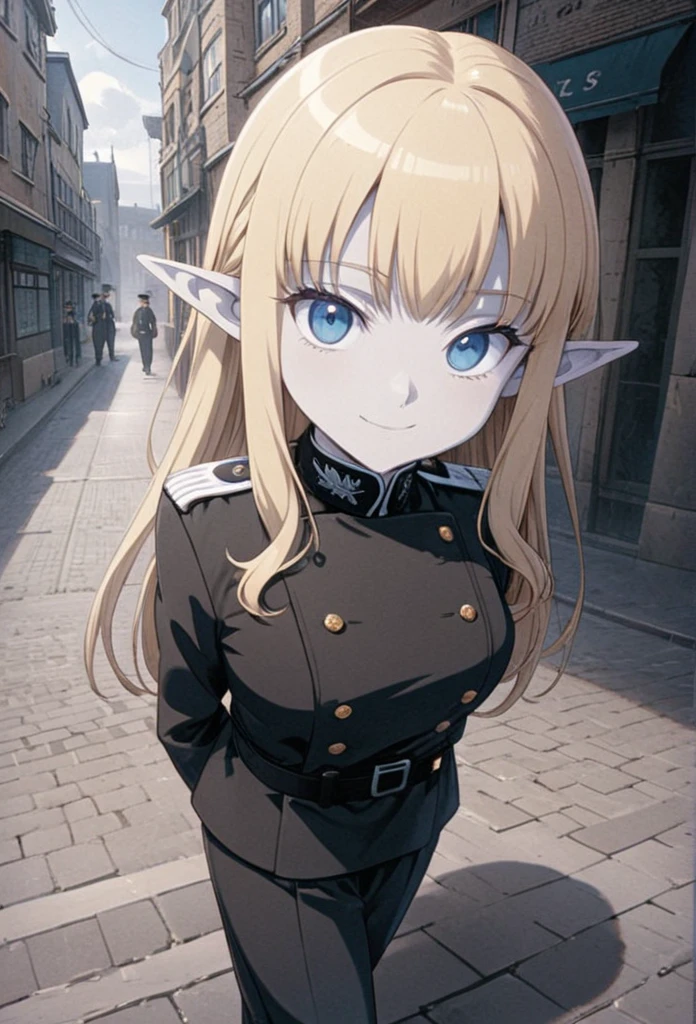 detailed illustration (side view),dynamic angle,ultra-detailed, illustration, pose for the camera, smiling at viewer, clean line art, shading, anime, 2020’s anime style, detailed eyes, detailed face, beautiful face standing on a sidewalk,

Blonde hair, blue eyes, elf, elf woman, pale skin, German officer uniform, stern look