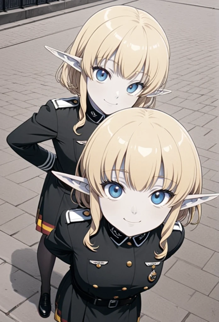 detailed illustration (side view),dynamic angle,ultra-detailed, illustration, pose for the camera, smiling at viewer, clean line art, shading, anime, 2020’s anime style, detailed eyes, detailed face, beautiful face standing on a sidewalk,

Blonde hair, blue eyes, elf, elf woman, pale skin, German officer uniform, stern look