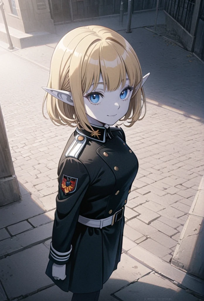 detailed illustration (side view),dynamic angle,ultra-detailed, illustration, pose for the camera, smiling at viewer, clean line art, shading, anime, 2020’s anime style, detailed eyes, detailed face, beautiful face standing on a sidewalk,

Blonde hair, blue eyes, elf, elf woman, pale skin, German officer uniform, stern look