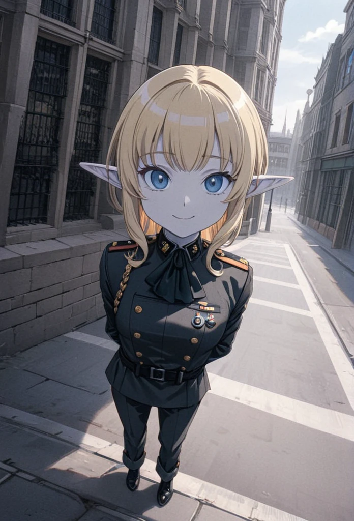 detailed illustration (side view),dynamic angle,ultra-detailed, illustration, pose for the camera, smiling at viewer, clean line art, shading, anime, 2020’s anime style, detailed eyes, detailed face, beautiful face standing on a sidewalk,

Blonde hair, blue eyes, elf, elf woman, pale skin, German officer uniform, stern look