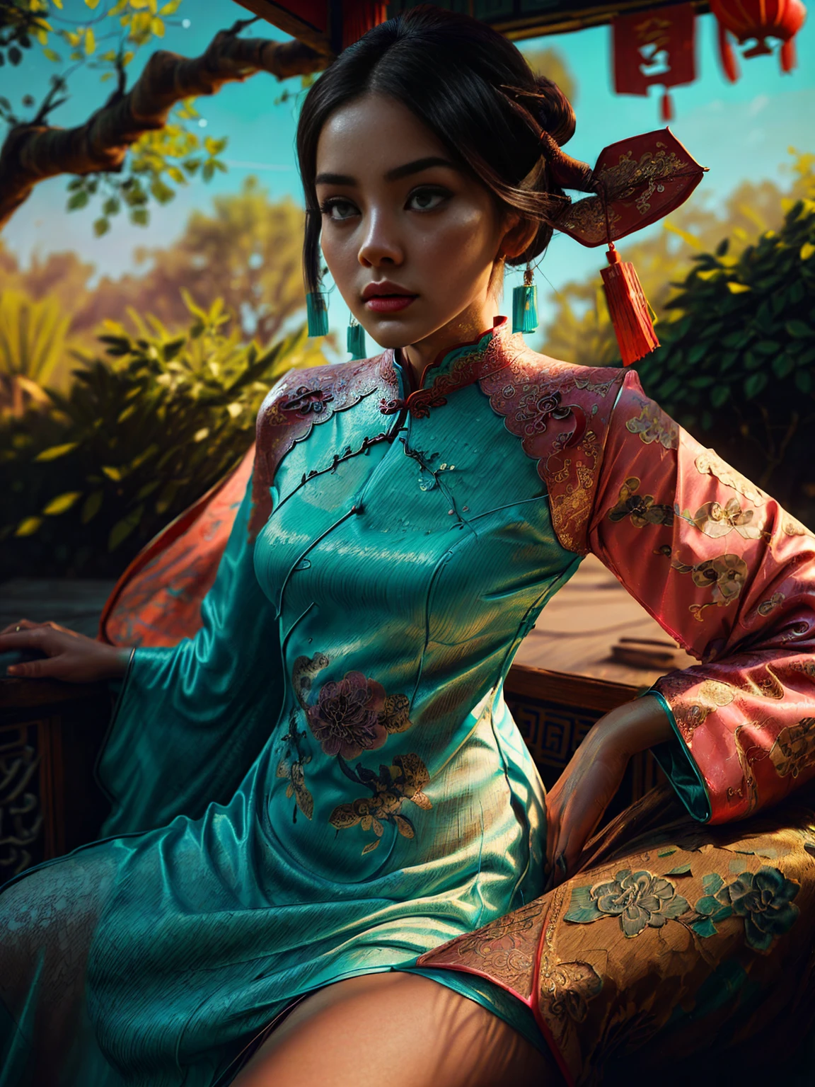 ((a detailed beautiful girl with Cheongsam in Cantonese, It is a type of female dress of Manchu origin used in China, beautiful colors., pink cyan, green:1.5)), detailed eyes, detailed face, long eyelashes, detailed hair and updo elegant and beautiful dressed elegantly, standing under a tree, sunlight splashing on the leaves, vibrant colors, photorealistic, 8K, high quality, cinematic lighting, portrait, (Best Quality,4k,8K,high resolution,masterpiece:1.2),ultra detailed,sharp focus, Very detailed face,extremely detailed facial features,hyper realista skin texture,extremely fine details,intricate details,detailed eyes,Detailed nose,detailed lips,Detailed facial expressions,intricate facial anatomy,intense lighting, dramatic lighting,Changing lighting,cinematic lighting,chiaroscuro lighting,dramatic shadows,dramatic moments,vivid colors,intense colours,Deep contrast,cinematic depth of field,cinematographic composition,cinematic camera angle