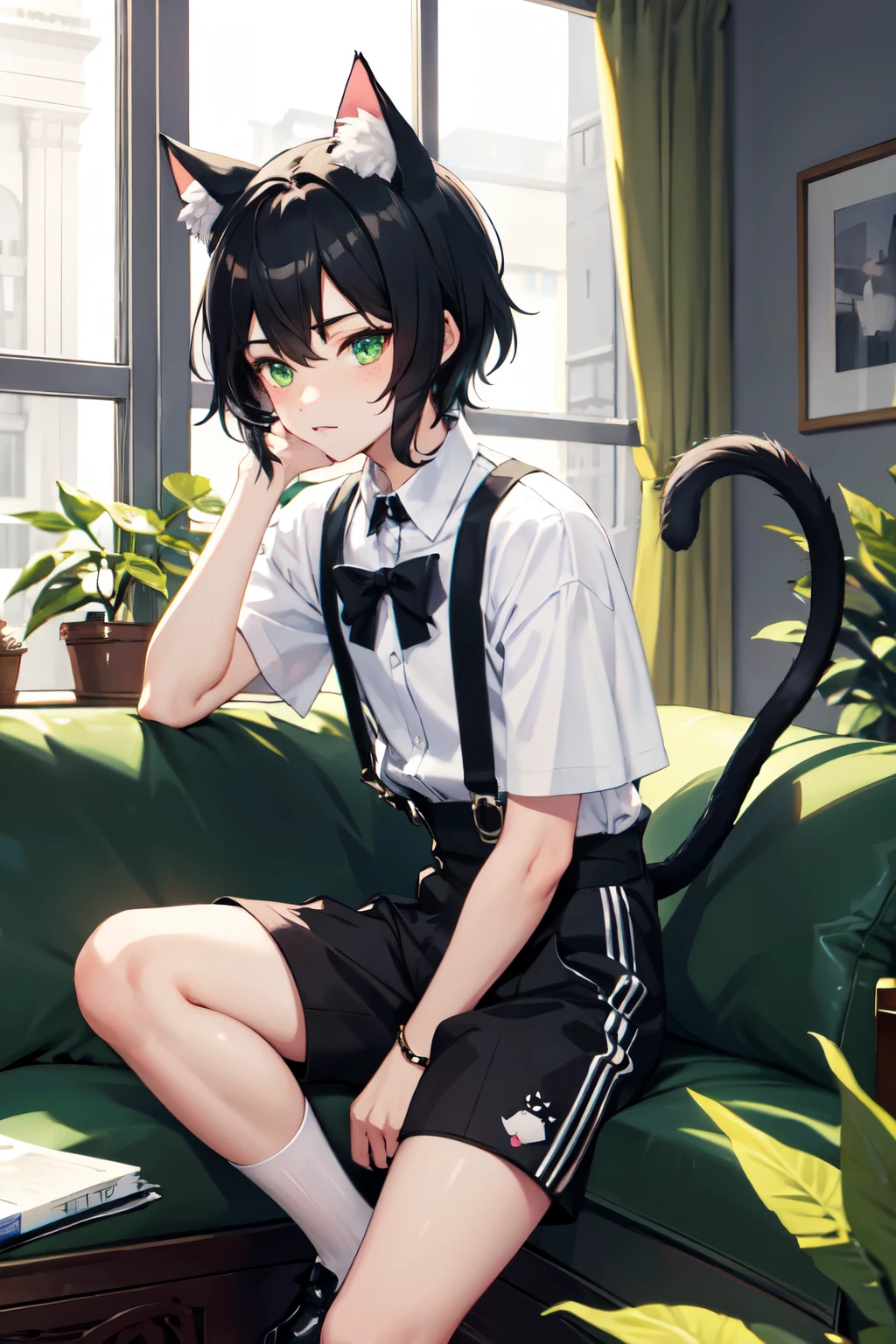 ((best quality)), ((masterpiece)), (detailed), 1boy, black hair, green eyes, catboy, neko, freckles, black cat ears, fluffy cat tail, short sleeve white shirt, suspenders, shorts, knee high socks, cute boy, cute pose