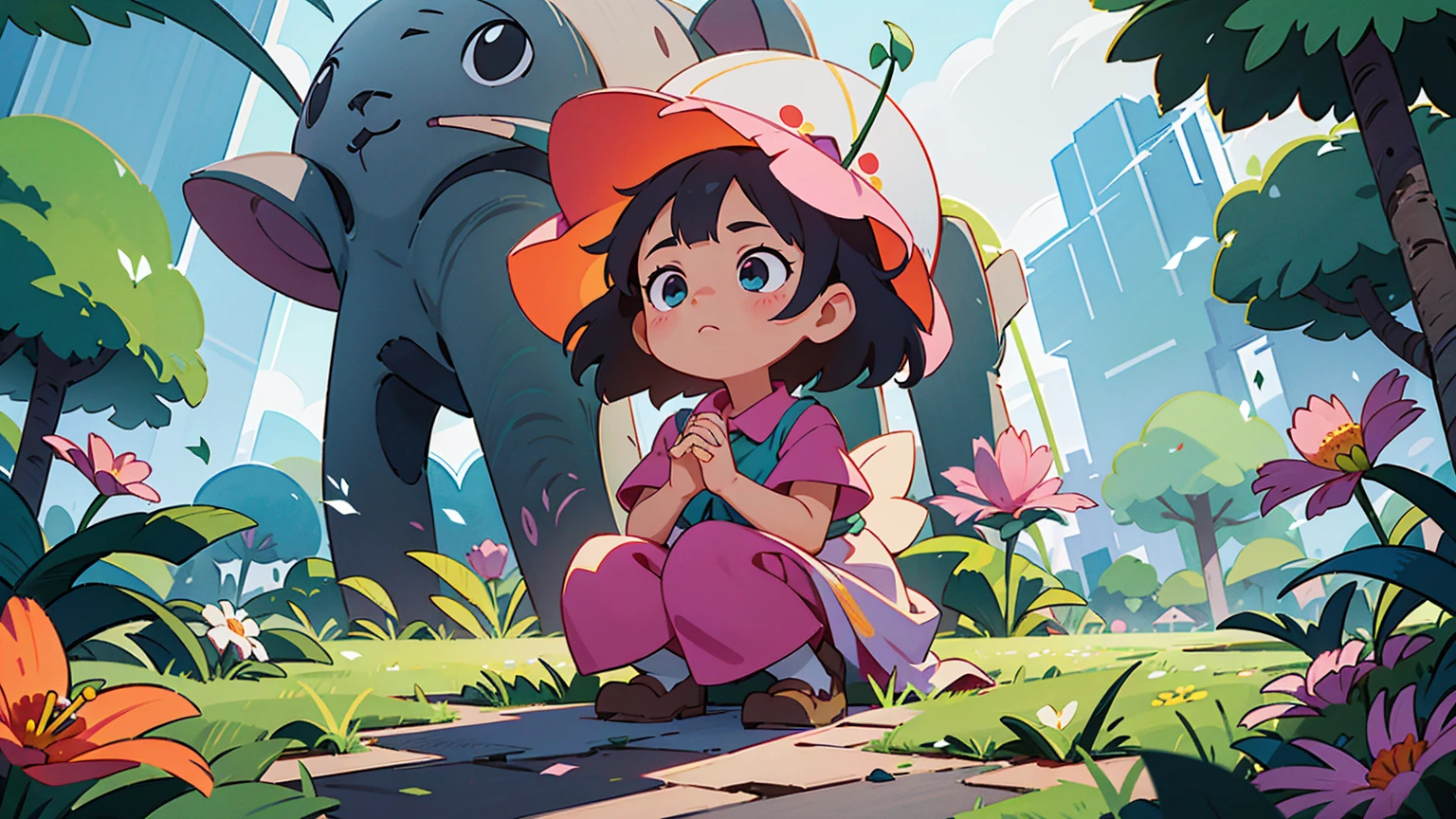 A vibrant flower blooms on the dirty ground of a large gray avenue. A crowd of gray, soulless people crosses the streets. A colorful , glowing with bright hues, stands protectively over the flower, protecting it with her little hands and determined eyes. Sunlight breaks through the dark clouds. Studio Ghibli style