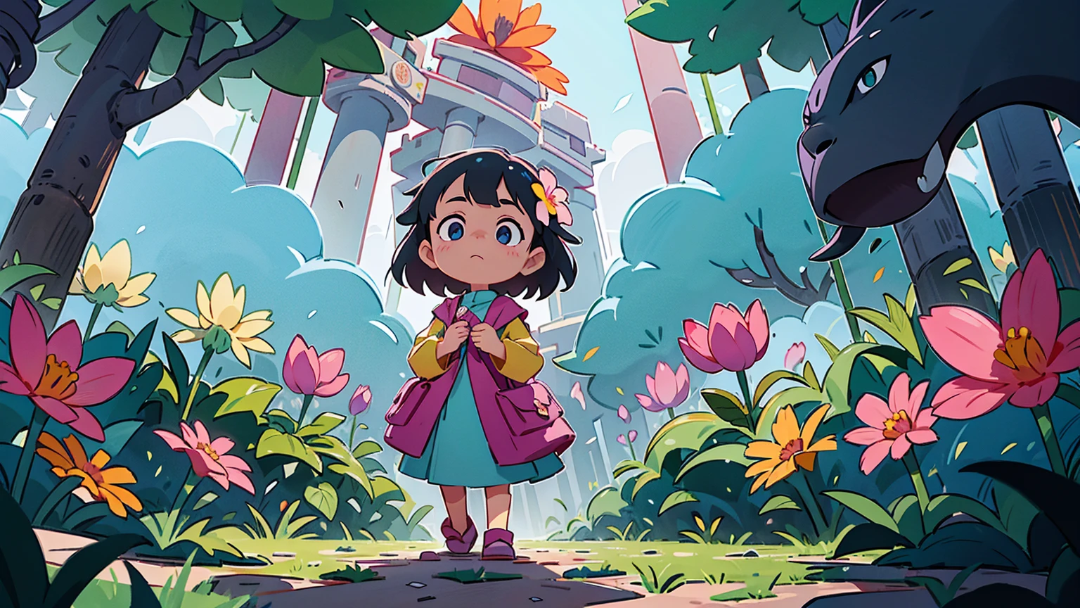 A vibrant flower blooms on the dirty ground of a large gray avenue. A crowd of gray, soulless people crosses the streets. A colorful , glowing with bright hues, stands protectively over the flower, protecting it with her little hands and determined eyes. Sunlight breaks through the dark clouds. Studio Ghibli style