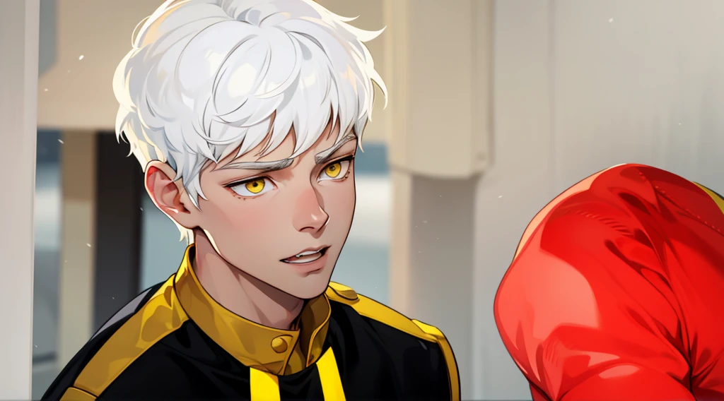 He has a golden collar and shoulder pads on his gold shirt, cute 17 year old boy, yellow eyes, white hair, black clothes with yellow, he is talking, he is cold, serious, calm.