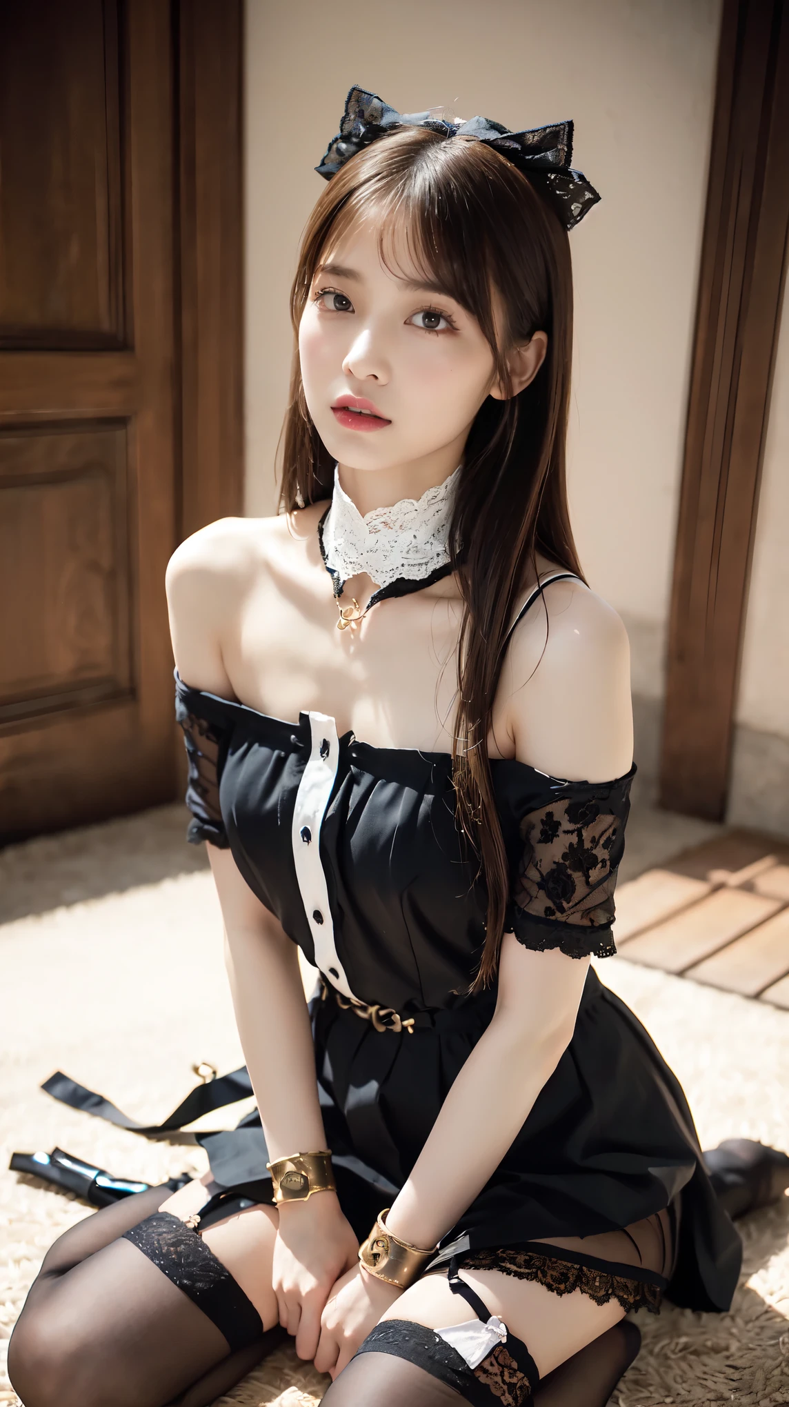 high quality、masterpiece、detailed、Accurate、delicate、nsfw、((girl、20-year-old、Pretty girl warrior、Wearing Armor、Highly decorative and intricate mechanical steampunk fashion, Lace Flare Mini Skirt, Above-the-knee lace stockings, Lace Off Shoulder Lolita Fashion, Overly decorative fashion))、((Iron Collar、Iron Bangles、Iron ankle))、A prison surrounded by iron bars、Concrete floor、((Defeated heroine、Wrists and ankles are chained、Spread your legs wide、Executed))、shortness of breath、White Breath、Sweet Sigh、The fall of slavery、The Fall of Pleasure、orgasm、Climax estrus、Aphrodisiac effect、Erogenous zone sensitivity 100 times、