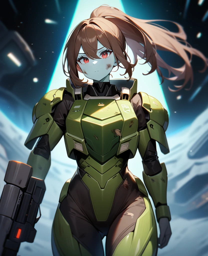 1girl,solo,red eyes,((brown hair:1.5)),green power armor,ponytail,((pale green skin)),green chest armor,cowboy shot,in space ship,zero gravity,Science fiction,ultra-detailed,sharp focus,aesthetic,(best quality), carrying laser rifle, tall woman, battle damage 