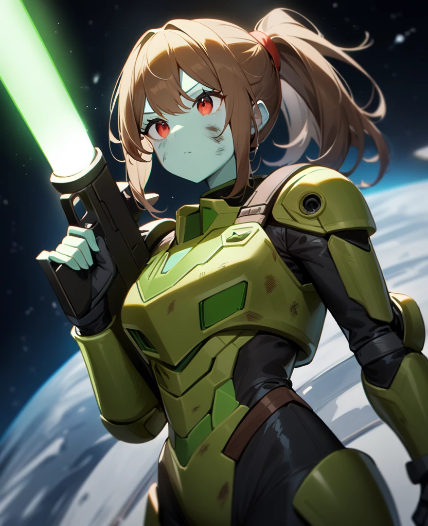 1girl,solo,red eyes,((brown hair:1.5)),green power armor,ponytail,((pale green skin)),green chest armor,cowboy shot,in space ship,zero gravity,Science fiction,ultra-detailed,sharp focus,aesthetic,(best quality), carrying laser rifle, tall woman, battle damage