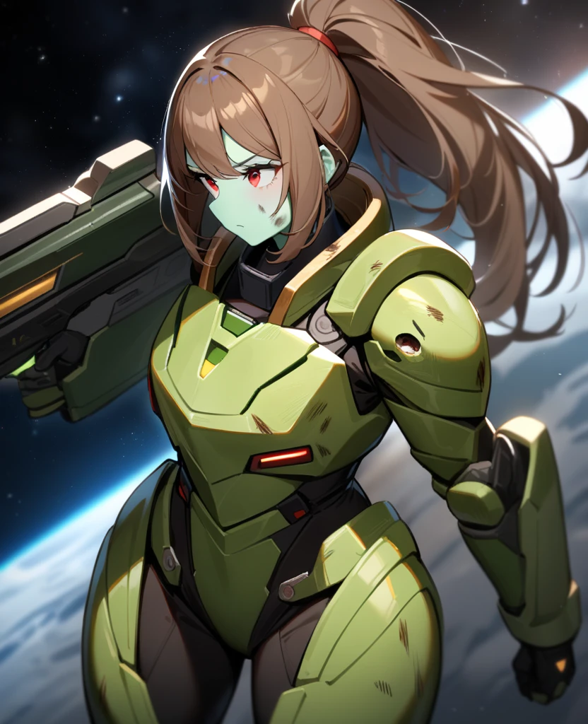 1girl,solo,red eyes,((brown hair:1.5)),green power armor,ponytail,((pale green skin)),green chest armor,cowboy shot,in space ship,zero gravity,Science fiction,ultra-detailed,sharp focus,aesthetic,(best quality), carrying laser rifle, tall woman, battle damage 