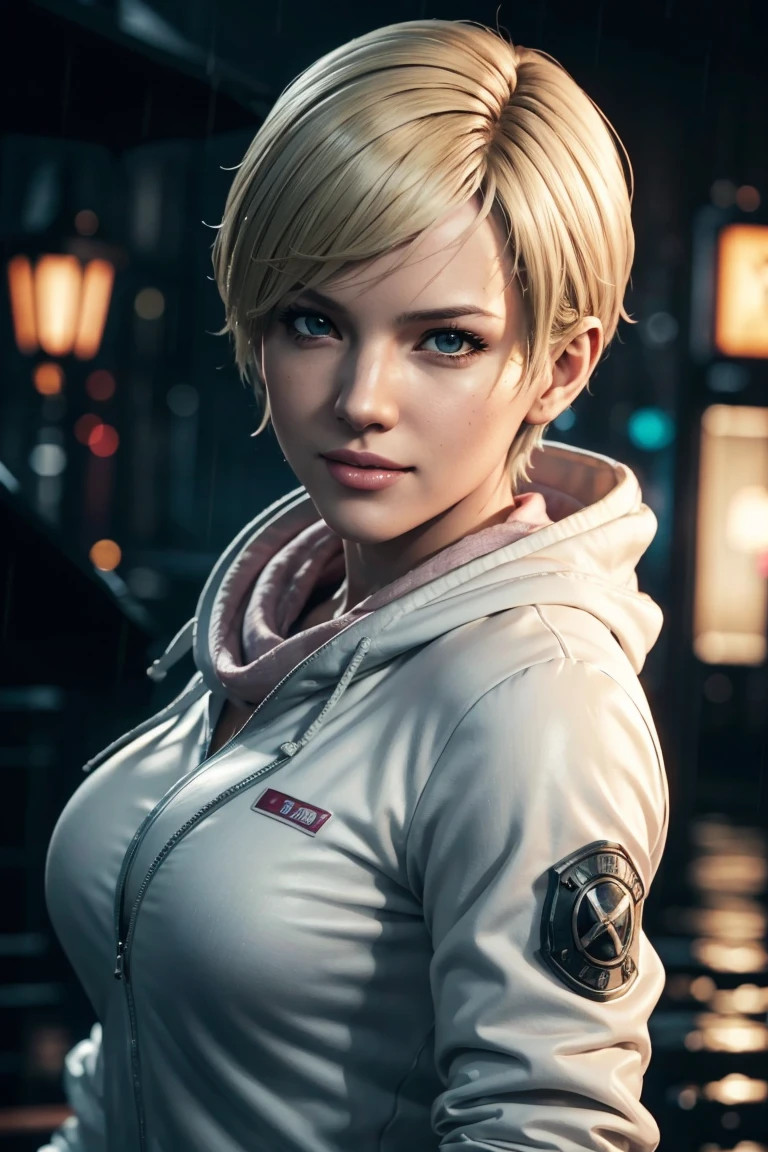 Resident Evil 6,Shelley,Short Hair,Blonde Hair,White hoodie,Cold protection,neck warmer,Photorealistic,Ultra HD,high quality,masterpiece,Digital SLR,Detailed details,Intricate details,Anatomical basis,Depicted in detail,A detailed face,Realistic skin texture,Vivid details,Perfect ???????,Perfect ???????,Anatomically correct hand,Anatomically correct fingers,Super Detail,Complex 3D rendering,Sexy pose,Rainy Sky,Beautiful scenery,Fantastic rainy sky,Picturesque,Pink Lips,smile,