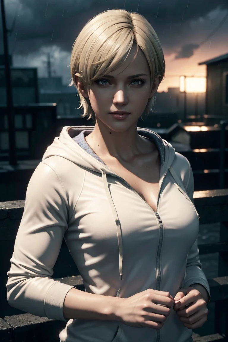 Resident Evil 6,Shelley,Short Hair,Blonde Hair,White hoodie,Cold protection,neck warmer,Photorealistic,Ultra HD,high quality,masterpiece,Digital SLR,Detailed details,Intricate details,Anatomical basis,Depicted in detail,A detailed face,Realistic skin texture,Vivid details,Perfect Anatomy,Perfect Anatomy,Anatomically correct hand,Anatomically correct fingers,Super Detail,Complex 3D rendering,Sexy pose,Rainy Sky,Beautiful scenery,Fantastic rainy sky,Picturesque,Pink Lips,smile,