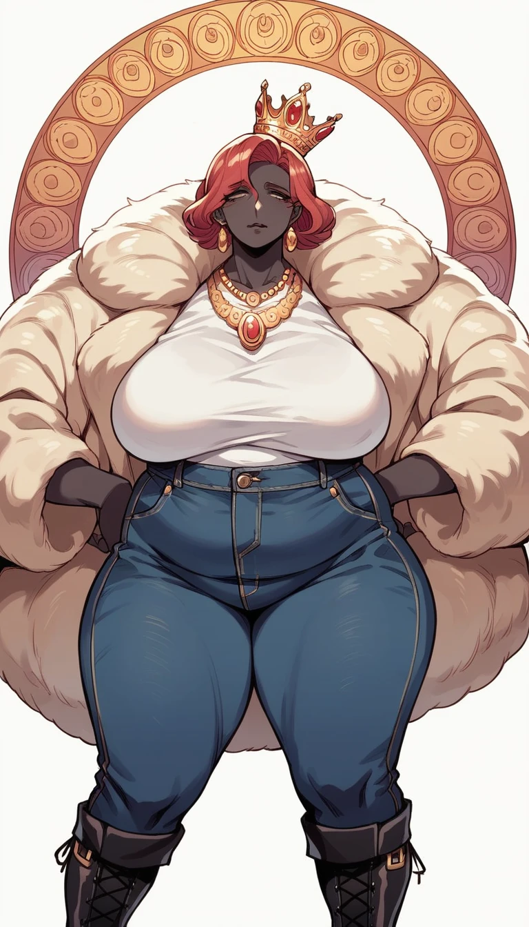 score_9, score_8_up, score_7_up, source_anime, beautyful mature chubby woman, redhair, white shirt, black jeans short, golden necklaces, crown shaped headphone, fur coat, black skin, black boots