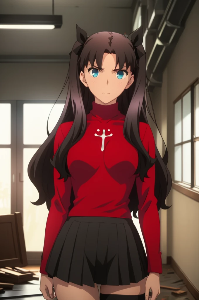 Tohsaka Rin, Volumetric Lighting, Best Shadows, Shallow Depth of Field, Portrait Of Stunningly Beautiful Girl, Delicate Beautiful Attractive Face With Alluring Sharp Blue Eyes, Sharp Eyebrows, Enjoying The Scenery, Soft Smile, Closed Mouth, Lovely Medium Breasts, Layered Long Black Two-Side Up Hair, Hair Ribbon, Blush Eyeshadow, Thick Eyelashes, Cross On The Red Turtleneck Shirt, Slim Waist, Black Short Pleated Skirt, Thigh Gap, Black Thigh-High Stockings, Late Afternoon, Sunlight Shining Through Window, Floating Dust Particles, Hallway In An Abandoned School, Pile of Debris Desks And Broken Chair, Looking Out At Window, Standing, (Highest Quality, Amazing Details:1.25), (Solo:1.3), Brilliant Colorful Paintings