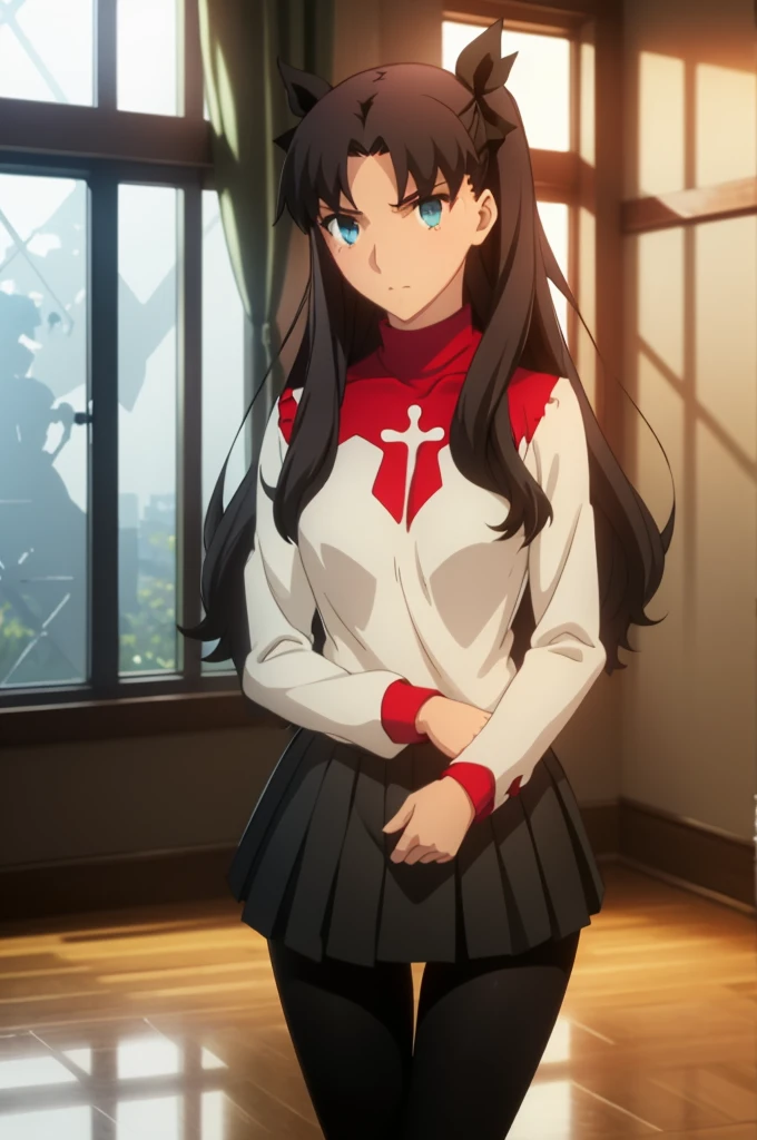 Tohsaka Rin, Volumetric Lighting, Best Shadows, Shallow Depth of Field, Portrait Of Stunningly Beautiful Girl, Delicate Beautiful Attractive Face With Alluring Sharp Blue Eyes, Sharp Eyebrows, Enjoying The Scenery, Soft Smile, Closed Mouth, Lovely Medium Breasts, Layered Long Black Two-Side Up Hair, Hair Ribbon, Blush Eyeshadow, Thick Eyelashes, Cross On The Red Turtleneck Shirt, Slim Waist, Black Short Pleated Skirt, Thigh Gap, Black Thigh-High Stockings, Late Afternoon, Sunlight Shining Through Window, Floating Dust Particles, Hallway In An Abandoned School, Pile of Debris Desks And Broken Chair, Looking Out At Window, Standing, (Highest Quality, Amazing Details:1.25), (Solo:1.3), Brilliant Colorful Paintings