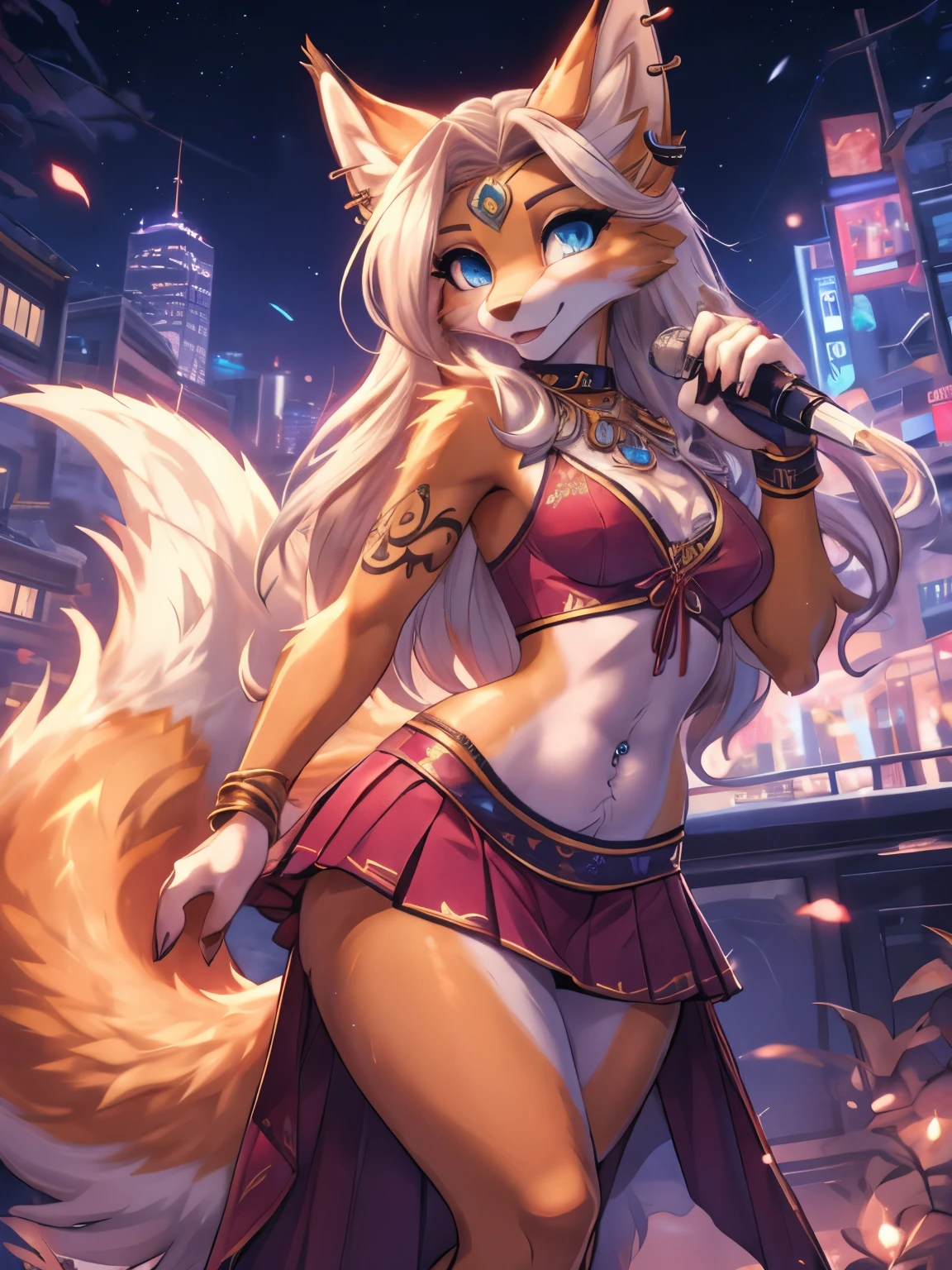 Chica anime,tennage girl 18 years old, anime style, cute kotori date alive, Chica tímida , Orejas de Kitsune, arte de dark natasha, city landscape, arte de vixen aztra, cuerpo completo, patas hermosas, cintura delgada, caderas amplias, navel white blouse, white&pink skirt, navel piercing, ear piercing, navel tattoo, atrevid pose, back pose, fluffly tail, sensual eyes (la mejor definicion) long hair, black flash, city party, city night life, party girl, idol girl, girl with microphone singing, deep blue eyes (HD), white&pink dress, super mega star idol, aura pura, silueta de luz, silueta radiante de luz dorada, su cuerpo brilla, mekor iluminacion en fotografía, mermaid mini skirt, lovely girl, sending kiss, heartlove