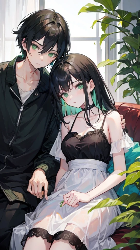 Boy and girl with black hair and green eyes