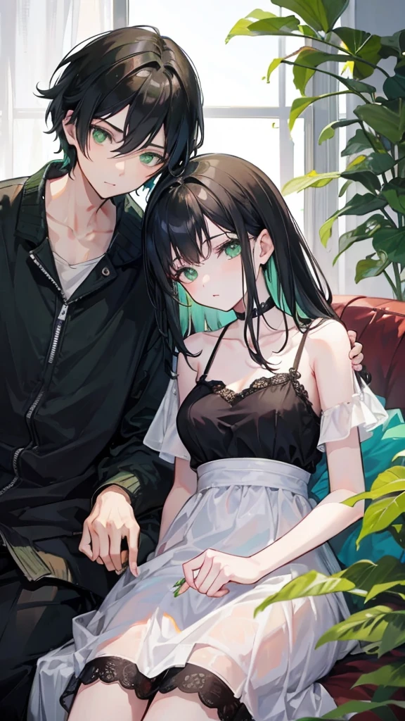 Boy and girl with black hair and green eyes