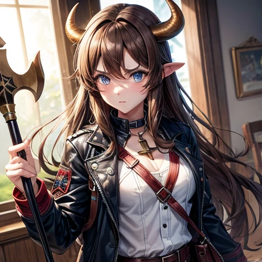 Brown haired Minotaur　Blue-eyed beautiful boy　　Cow horn　Cow earless　Have a battle axe　　long hair　Crossdresser　Wearing a jacket
