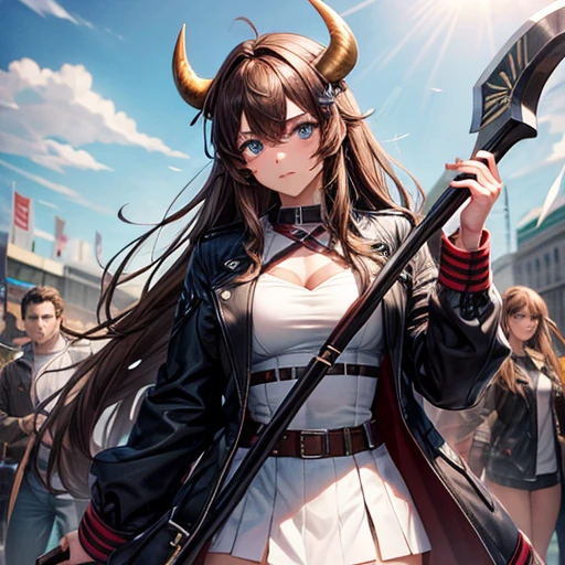 Brown haired Minotaur　Blue-eyed beautiful boy　　Cow horn　Cow earless　Have a battle axe　　long hair　Crossdresser　Wearing a jacket