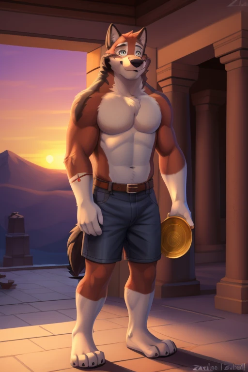 leo alvarez, muscular, bara, wolf cola, cola, (posing:1.3), (soft shading), 4k, nothing, five fingers, decolaed hands, ((decolaed face, (decolaed eyes:1.0), decolaed)), by zackary911, by zaush, (by personalami:0.5), alone, looking at viewer, hypnotized with completely spyral glowing purple eyes with no irises or pupils, tongue out, 1 guy, standing, full body, male focus, outdoors, sky, barefoot, carrying a tray with golden cups, denim, sunset, rippling, tribal clothes, ancient temple interior background