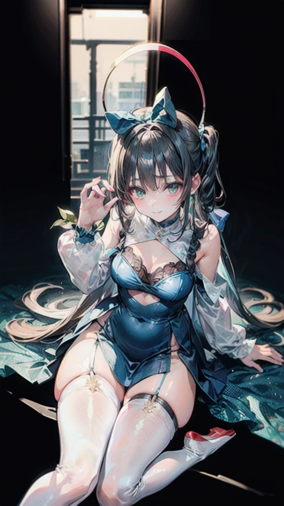 (Best quality, 8k, 32k, Masterpiece, UHD,:1.2),RAW, 1girl,ultra cute , natural lighting,transparent shining eyes, 18yo ,fair complexion ,flushed face, with a pastel-colored ensemble adorned with frills and bows, a knee-length, full-skirted dress featuring a delicate floral print orlace overlay in soft hues like blue and green, garter belt and leggings, shiny